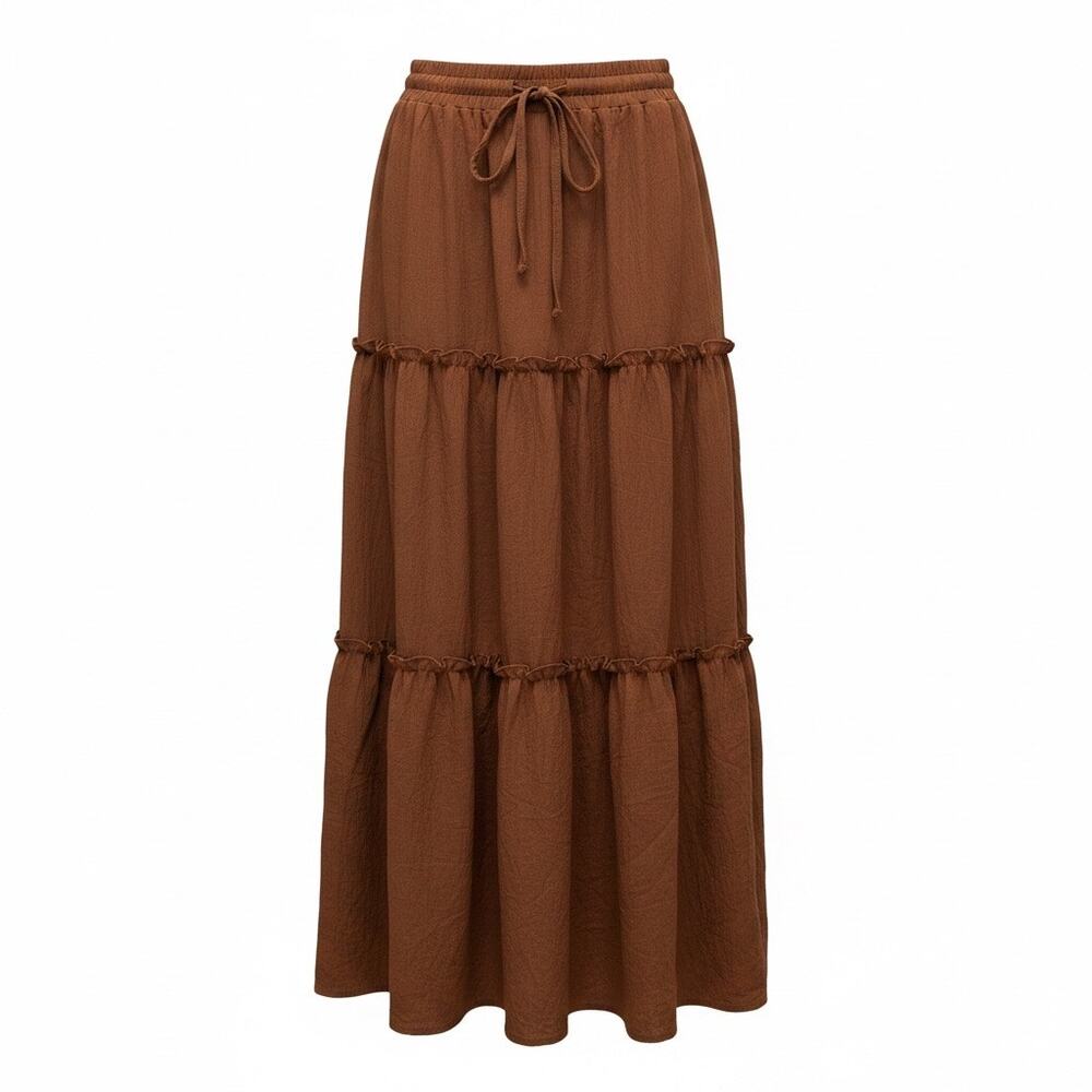 Brown Tiered Midi Skirt Medium Boho Prairie Fall Cottagecore Ruffle Autumn Chic